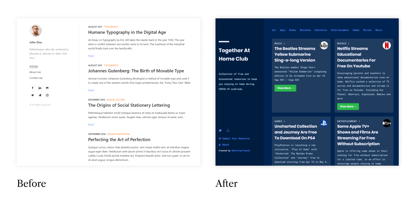 Before and After using Gatsby Starter Lumen