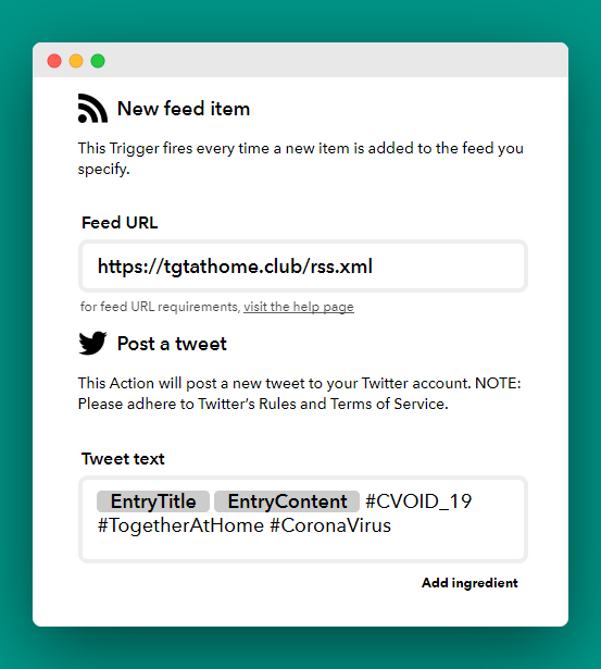 IFTTT Recipe setup for @tgtathomeclub